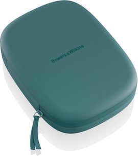 Hartschalenetui mit Reißverschluss aus blau-grün texturiertem Stoff, Bowers & Wilkins Logo, Aufsicht in leichter Perspektive