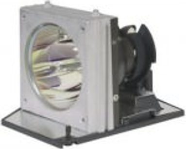 Lampe til Optoma HD70 videoprojektor, set fra siden, hvid kabinet, sort ventilator, indbygget reflektorpære