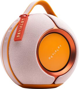 Портативна Bluetooth-колонка DEVIALET Mania рожева, сферичний дизайн із вбудованою помаранчевою ручкою та текстильною решіткою блідо-рожевого кольору