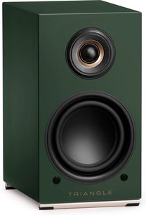 Yeşil İngiliz üçgen hoparlör, ön görünüm, siyah tweeter ve woofer, yuvarlak ön panel, altın renkli logo