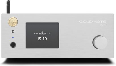 Amplificador hi-fi integrado estéreo Gold Note IS-10 prata, vista frontal, botão circular à direita, tela central, logotipo no canto superior esquerdo