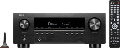 Denon AVR-S980H hjemmebiografreceiver sort, front i børstet aluminium med central skærm, fjernbetjening og antenne