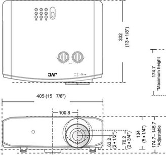 Hvid JVC LX-NZ3WE projektor set ovenfra, teknisk tegning med dimensioner i millimeter