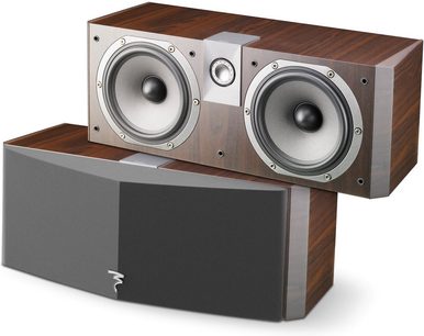 Focal Chorus CC 700 V venge centerkanal, 2 runde sølvfarvede højttalere på forsiden af det mørke træ, horisontal rektangulær form