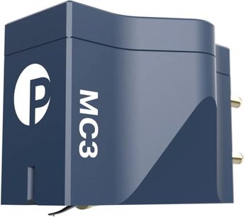 Testina per giradischi hi-fi Pro-Ject Pick It MC3, vista laterale destra, corpo rettangolare blu, logo bianco, 3 pin dorati