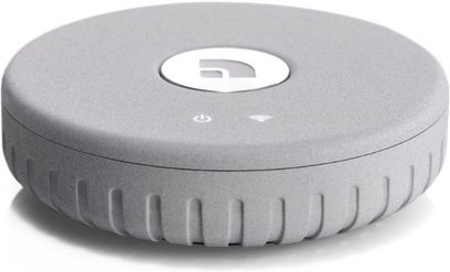 Audio Pro Link 1 netværksaudioafspiller, cylinderformet med grå tekstur, knapper på toppen, konisk form