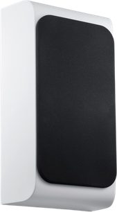 Canton Vento 11 wall-mounted speaker in matte white, three-quarter view with black front panel and rounded corners