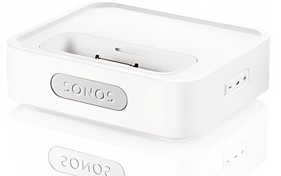 Hvid Sonos Dock-dockingstation set forfra og oppefra, rektangulær afrundet form med åbning til enhed