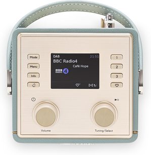 Ραδιόφωνο DAB Roberts Mini 2 γαλάζιο, όψη εμπρός, περίβλημα από συνθετικό δέρμα, οθόνη, ρυθμιστικά, κουμπιά, επάνω λαβή