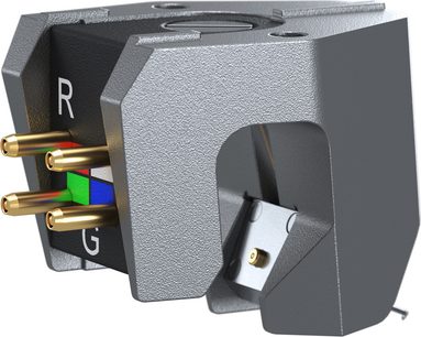 Celulă platine viniluri Ortofon MC VERISMO, vedere din unghi, conectori aurii, etichete colorate, carcasă gri metalizat