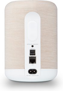 Bluesound PULSE FLEX beige connected speaker, achteraanzicht met USB-C-, LAN- en optische/analoge ingangen