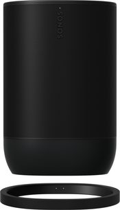 Портативна Bluetooth-колонка Sonos Move 2 чорного кольору, вид спереду, встановлена на круглій зарядній базі