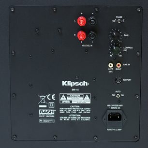 Klipsch SW-115 sort baskabin, frontpanel med knapper, stik og indikatorer