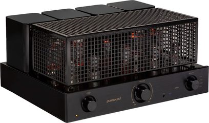Amplificator hi-fi cu tuburi Puresound A30-R negru, vedere frontală, 4 tuburi vizibile, grilă metalică, butoane și mufe pe față