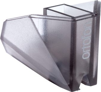 Diamant pro vinylový gramofon Ortofon Stylus 2M silver, detailní pohled v perspektivě na hrot a šedý plastový držák