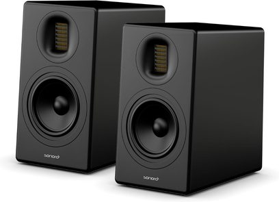 Diffusori da scaffale Sonoro Orchestra Slim Gen 2 neri, cabinet rettangolare, woofer rotondo e tweeter a nastro verticale