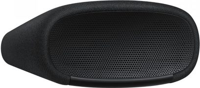 Samsung HW-S60A/ZF sort soundbar, sort, buet form, metallisk gitter på forsiden, trekvartsvisning