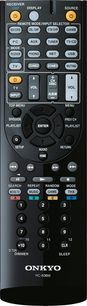 Sort Onkyo RC-836M fjernbetjening med grå og hvide knapper, set forfra