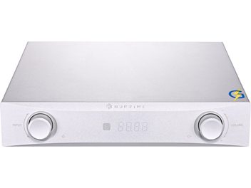 Amplificatore stereo integrato Nuprime IDA-9 argento, custodia in alluminio, vista frontale, due grandi pulsanti e display a punti centrale