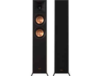 Two black Klipsch RP-5000F II Ebony floor-standing speakers with gold/copper-colored drivers, on a white background