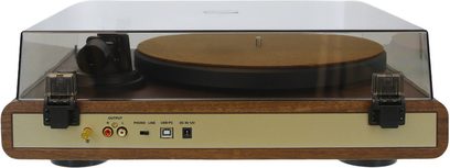 Enova HIFI VELA MV2-pladespiller set bagfra, brun finish, lukket røgfarvet støvlåg og RCA- og USB-tilslutninger