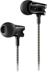 Sennheiser IE 800 sorte in-ear hovedtelefoner, set fra siden, med skummemballage og flettede metalstel