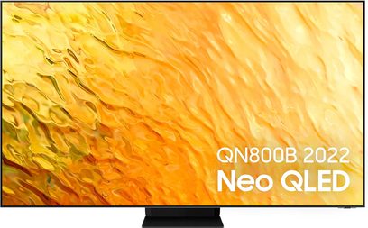Nærbillede af en abstrakt gul-orange tekstur på en Samsung QN800B 2022 QLED TV-skærm