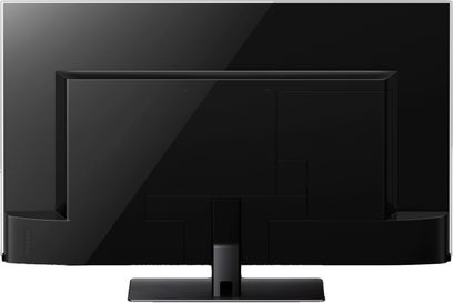 Panasonic TX-65FX740 65 tommer TV, slukket skærm, set forfra, smal sort ramme, rektangulær sort midterfod