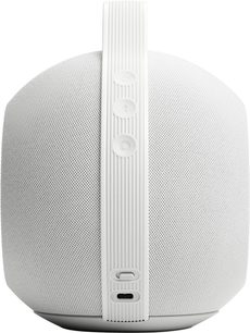 Kaasaskantav bluetooth-kõlar DEVIALET MANIA valge, tagantvaates keskse soonilise käepideme ja valge võrkkattega