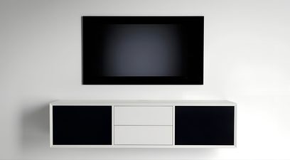 Mobilier audio-video Clic Classic Series Model 232 din lemn alb mat, două uși negre, două sertare centrale, vedere frontală