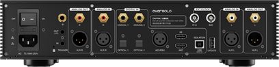 Audio převodník EverSolo DAC Z-10, černé kovové šasi, zadní pohled, porty XLR/RCA, koaxiál/optika, USB, HDMI, zásuvka IEC