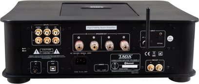 Taga Harmony HTA-2000B v.2 sort hi-fi stereforstærker, frontvisning, 4 højttalerudgange, Bluetooth, RCA- og optiske indgange
