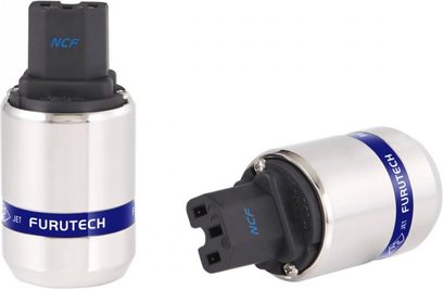 Connettore IEC Furutech FI-48 NCF (R) e connettore Neutrik NCF, neri e argentati, visti di fronte e di lato
