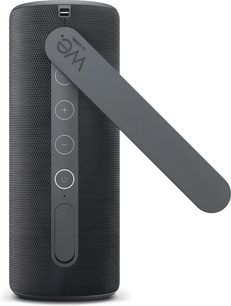 Tragbarer Bluetooth-Lautsprecher Loewe We. HEAR 1 dunkelgrau, Frontalansicht, zylindrisches Format mit seitlicher Schlaufe