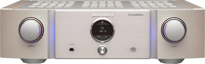 Ampli hi-fi stéréo Marantz PM-12SE argent doré, vue de face, boutons rotatifs et affichage numérique au centre