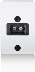 Boxă Dolby Atmos Canton AR 5 alb mat, vedere din spate cu borne stereo și suporturi de perete negre