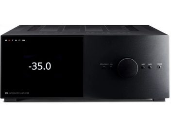 Siyah Anthem STR entegre hi-fi stereo amplifikatör, ön panel, "-35.0" ekranı, düğmeler ve ayar tekerleği