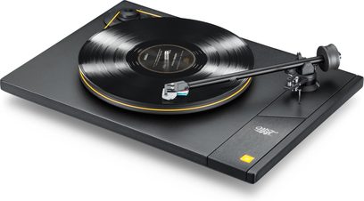 Pickup Mofi Electronics StudioDeck negru, cu braț de citire și margine portocalie pe platou