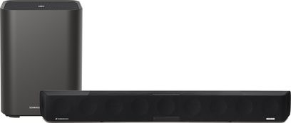 Czarny soundbar Sennheiser AMBEO Soundbar Max, prostokątny, z subwooferem SUB, na białym tle