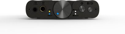 Convertitore audio portatile iFi Audio xDSD Gryphon nero, vista frontale con manopola centrale e prese per cuffie
