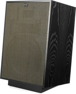 Sloupcový reproduktor Klipsch Heresy IV černý, pohled zepředu, černá mřížka s geometrickými vzory, černé dřevěné bočnice