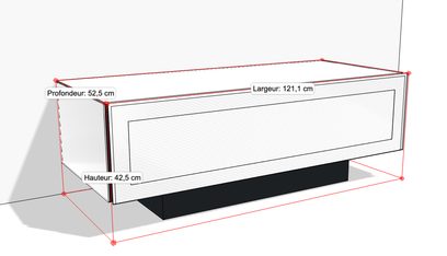 Bílý a černý obdélníkový televizní nábytek, pohled zepředu s rozměry, délka 121,1 cm, hloubka 52,5 cm, výška 42,5 cm
