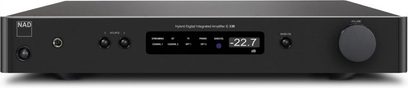 NAD C338 grafiithall-fi stereo-võimendi, esivaatest, must esipaneel nuppude ja sinise LCD-ekraaniga, millel on kuvatud "-22,7 dB"