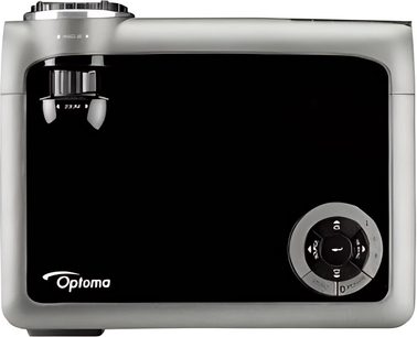 Optoma EX330e videoprojektor i gråsølv, set forfra, med linse og kontrolpanel med runde knapper