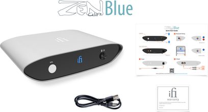 iFi Zen Air Blue hvid Bluetooth-audiotransmitter set forfra med tilslutningsdiagram, kabel og garanti