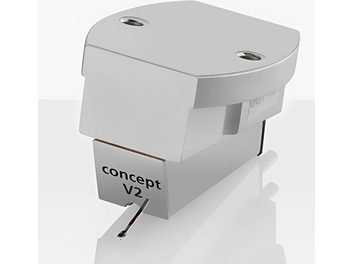 Cellule platine vinyles ClearAudio Concept v2 blanche, vue de 3/4 arrière, bras droit, lève-bras, 2 trous sur capot