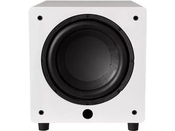 Subwoofer Velodyne Impact X12 blanco mate cúbico, altavoz de 12" negro en la parte frontal, 4 pies negros