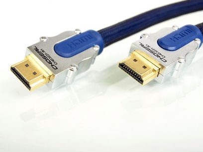 Choseal CHD-3221 R2 blå og grå HDMI-kabel med forgyldte stik, set ovenfra i hele sin længde