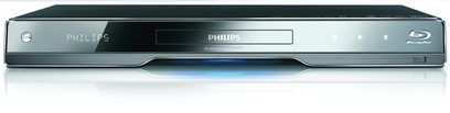 Philips BDP7500S2 4K Blu-ray-afspiller, set forfra, aflang rektangulær form, sort farve, blå skærm, knapper på forsiden