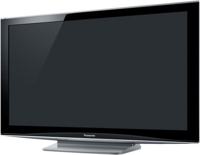 Panasonic TX-P58V10 fladskærms-TV, stort format, blank sort ramme, metalfod, set forfra